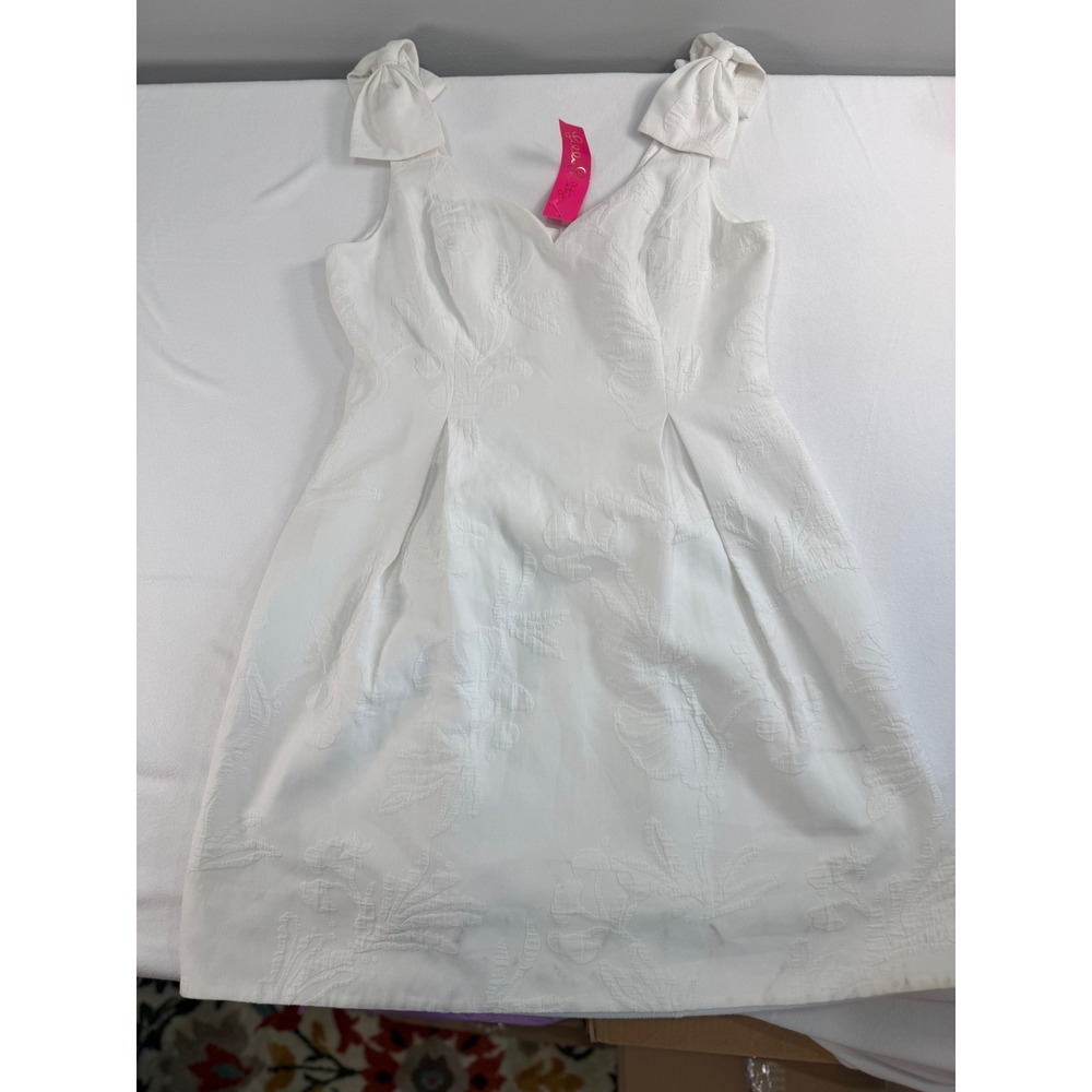 Lilly Pulitzer Linnet Dress Womens 12 White Bow Shoulder Jacquard Coastal Luxury